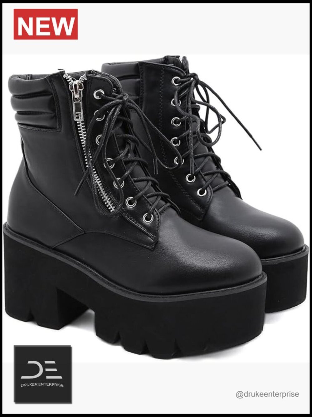 PU Platform Ankle Booties Chunky Heel Lace Up Zip Punk Combat Boots